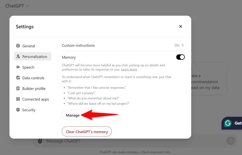 10-chatgpt-desktop-manage-memory تعطيل ذاكرة ChatGPT وكيفية حذف البيانات المحفوظة
