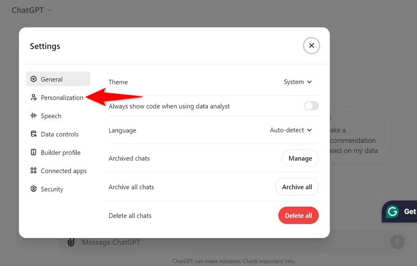 2-chatgpt-desktop-personalization تعطيل ذاكرة ChatGPT وكيفية حذف البيانات المحفوظة