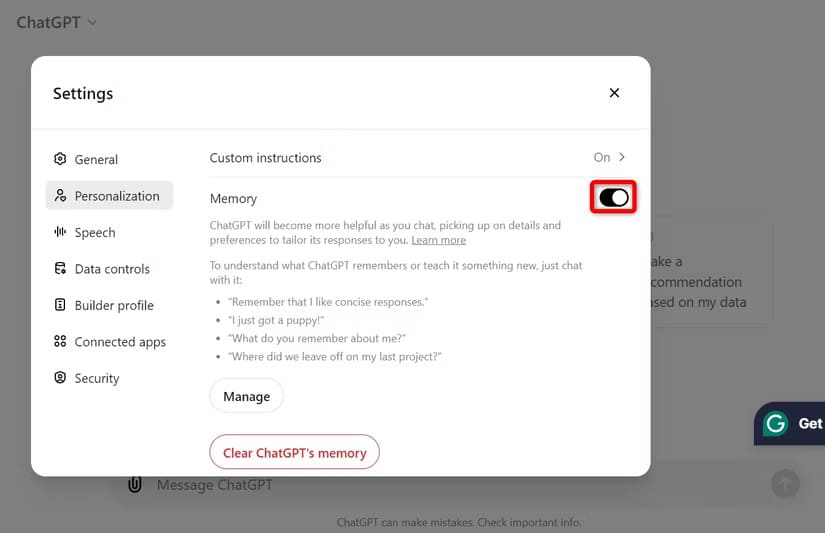 3-chatgpt-desktop-disable-memory تعطيل ذاكرة ChatGPT وكيفية حذف البيانات المحفوظة