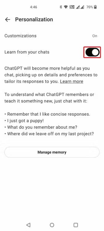 7-chatgpt-mobile-turn-off-memory تعطيل ذاكرة ChatGPT وكيفية حذف البيانات المحفوظة