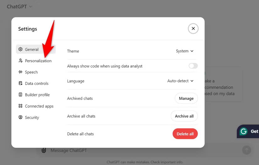 9-chatgpt-desktop-personalization-2 تعطيل ذاكرة ChatGPT وكيفية حذف البيانات المحفوظة