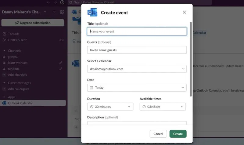 Outlook-Calendar-in-Slack-800x475-1 مقارنة شاملة بين مميزات وخيارات Slack المجاني والمدفوع: هل تستحق الترقية؟