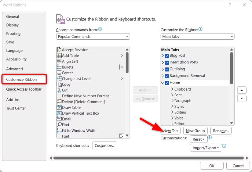 adding-new-ribbon-tab اكتشف الميزات المخفية التي تجعل استخدام Microsoft Word أسهل وأكثر فعالية
