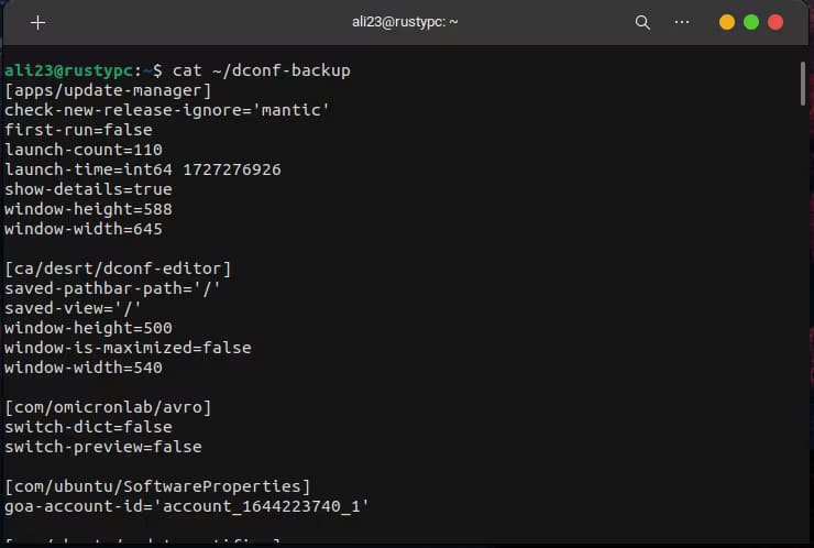 reading-the-content-of-the-ubuntu-settings-backup-file-using-cat-command إعادة تعيين أوبونتو للإعدادات الافتراضية مع الحفاظ على بياناتك