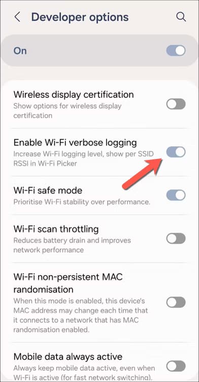 samsung-enable-rssi-logging أفضل الطرق لتعزيز اتصال Wi-Fi على هواتف Samsung Galaxy