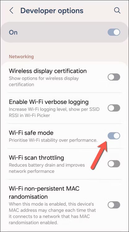 samsung-enable-wifi-safe-mode أفضل الطرق لتعزيز اتصال Wi-Fi على هواتف Samsung Galaxy