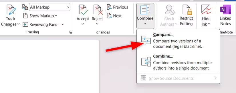 selecting-compare-document-option-from-the-review-tab اكتشف الميزات المخفية التي تجعل استخدام Microsoft Word أسهل وأكثر فعالية