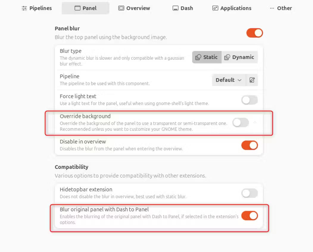 16b-blur-my-shell-panel-settings خطوات بسيطة لتحويل مظهر Ubuntu إلى Windows 11 بسهولة