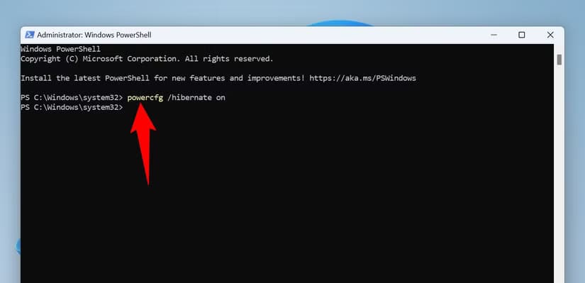 5-turn-on-hibernation-powershell طريقة تفعيل وضع السبات في Windows 11 لتحسين كفاءة الطاقة