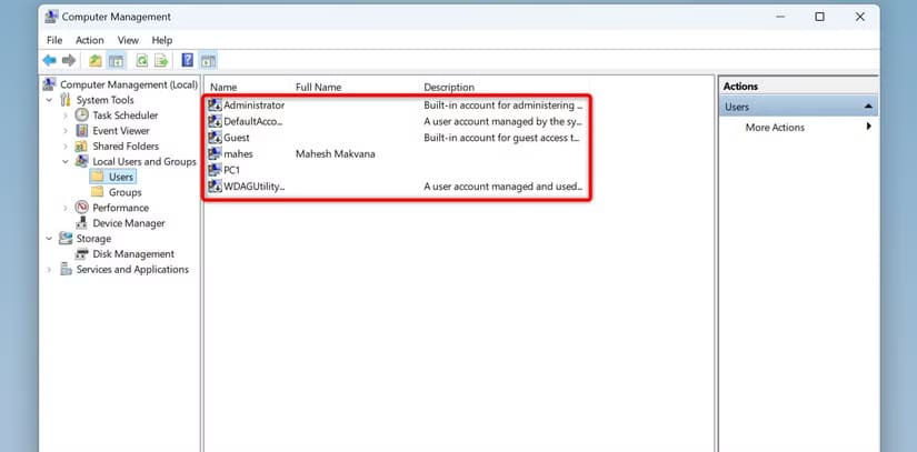 6-computer-management-user-list طرق سهلة لعرض جميع حسابات المستخدمين على Windows 11