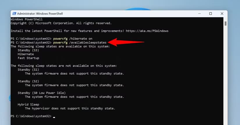 6-verify-hibernation-powershell طريقة تفعيل وضع السبات في Windows 11 لتحسين كفاءة الطاقة