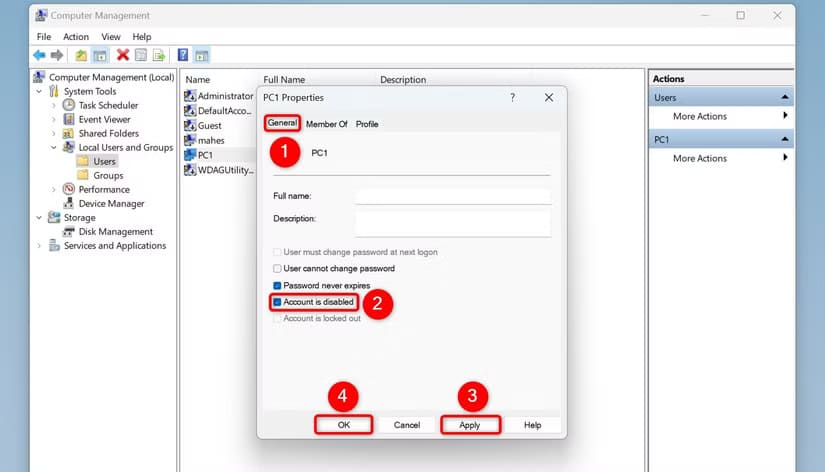 7-computer-management-disable-account طرق سهلة لعرض جميع حسابات المستخدمين على Windows 11