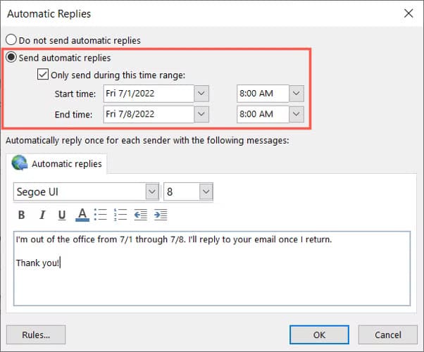 SendDatesWindows-OutlookOutOfOffice أفضل الطرق لتنظيم صندوق الوارد في Outlook لتحقيق كفاءة أعلى