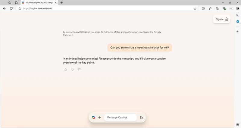 Using-the-Copilot-Website-to-Summarize-a-Meeting-Transcript-2 أفضل طريقة لتلخيص الاجتماعات باستخدام Copilot