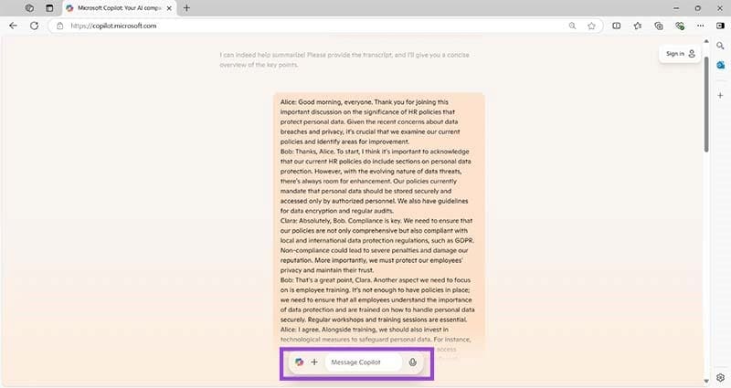 Using-the-Copilot-Website-to-Summarize-a-Meeting-Transcript-3 أفضل طريقة لتلخيص الاجتماعات باستخدام Copilot