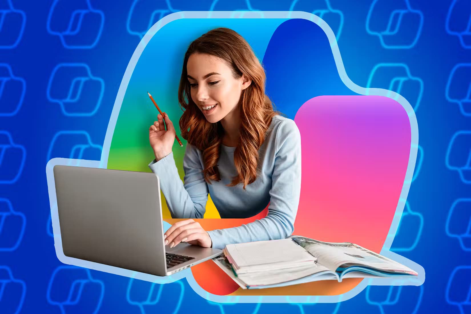 a-woman-studying-on-a-laptop-and-the-copilot-logo-behind لماذا أفضّل شراء الأجهزة التقنية الاقتصادية بدلًا من المتطورة