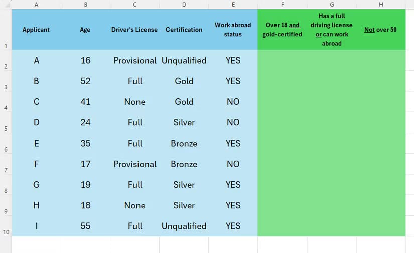 an-excel-table-containing-applicants-id-age-licence-status-certification-and-work-abroad-status-and-three-empty-columns-ready-for-calculations-to-be-performed وظائف Excel الأكثر فائدة لتحسين إنتاجيتك اليومية