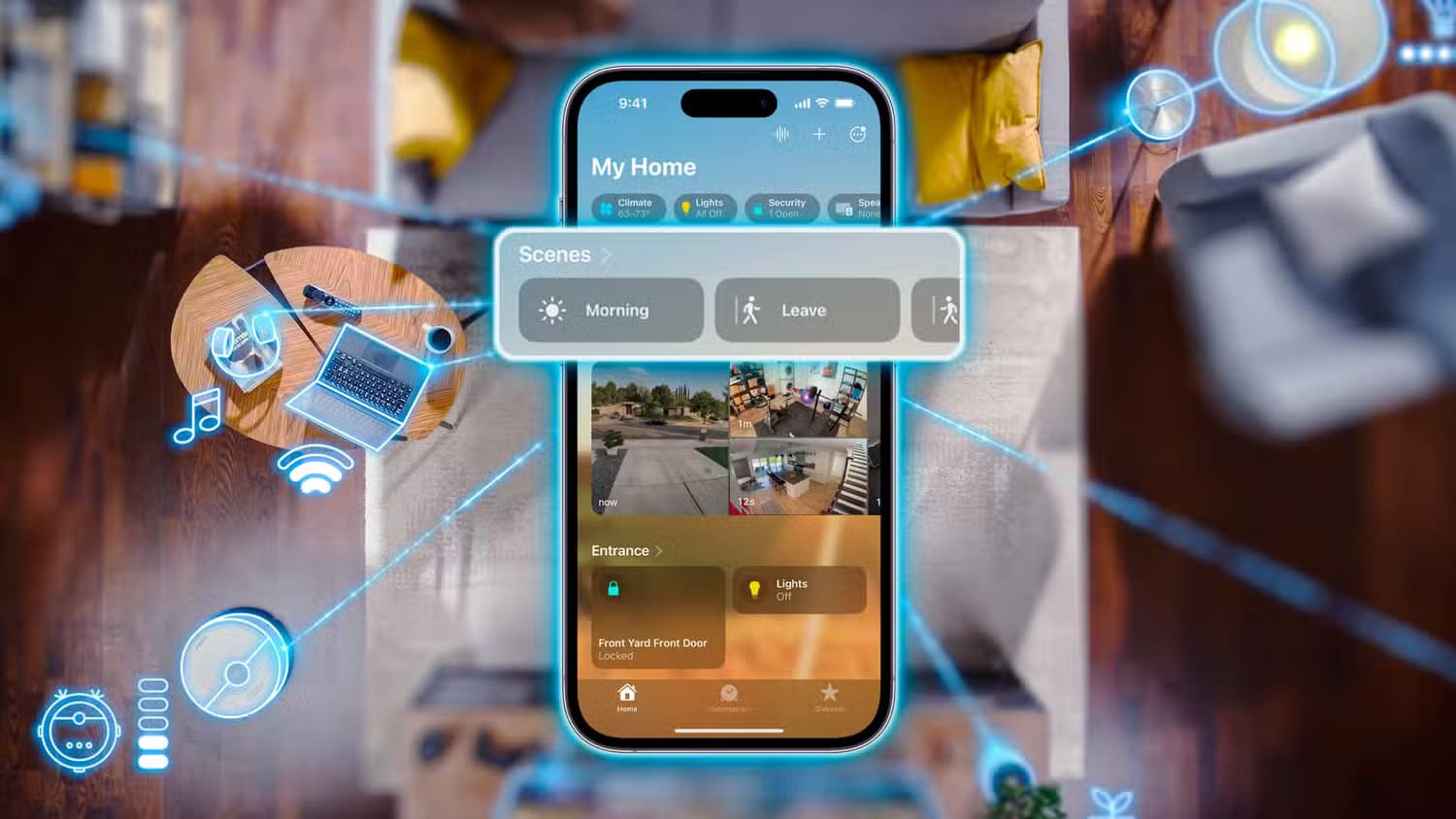 an-iphone-highlighting-scenes-with-some-devices-controlled-by-the-home-app-in-the-background فوائد شبكة Wi-Fi للضيوف وكيفية استخدامها بأمان