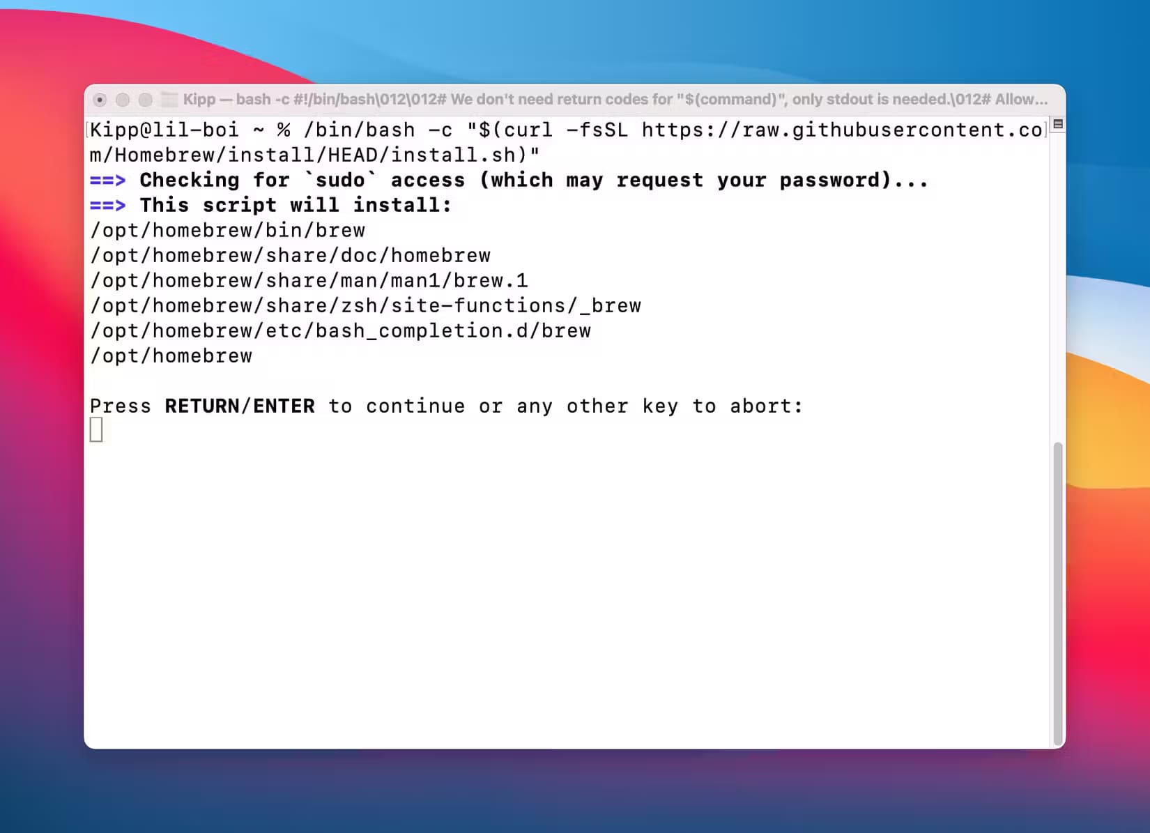 confirming-default-homebrew-installation استخدم الألوان مع Terminal في جهاز Mac لإضافة لمسة جمالية وتحسين الوظائف