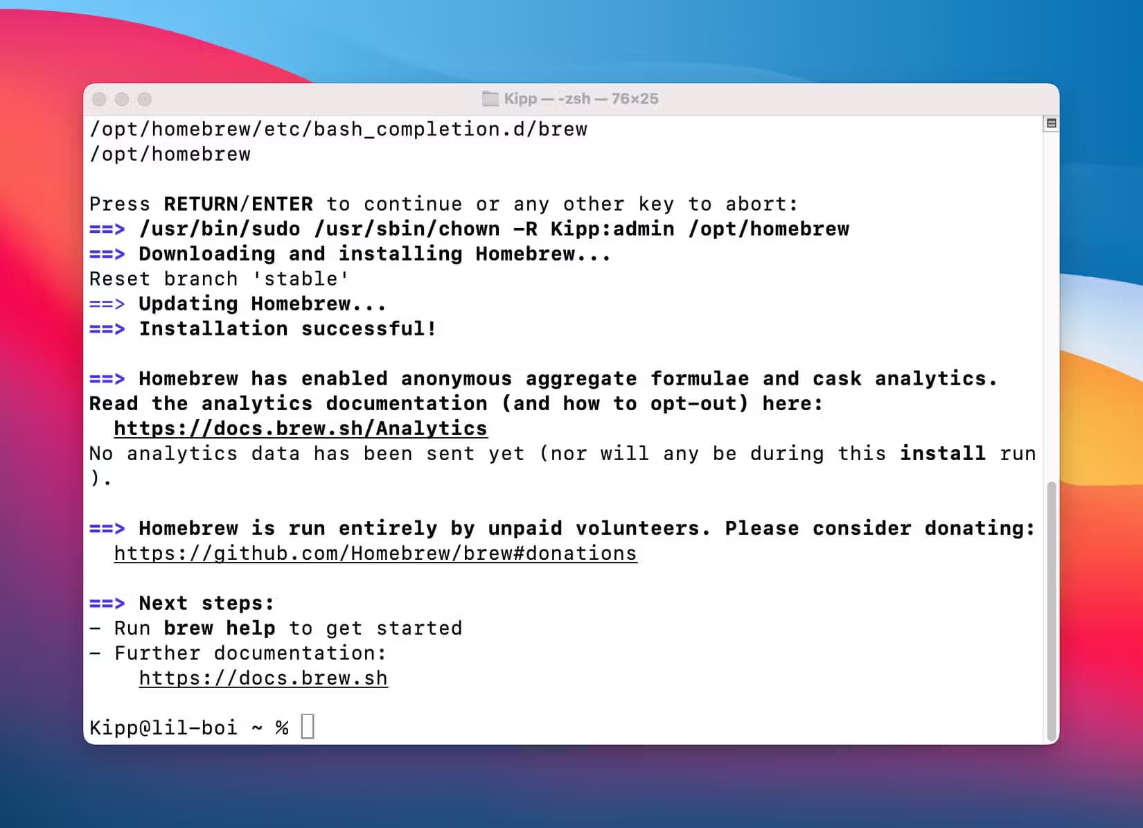 homebrew-installed-successfully استخدم الألوان مع Terminal في جهاز Mac لإضافة لمسة جمالية وتحسين الوظائف