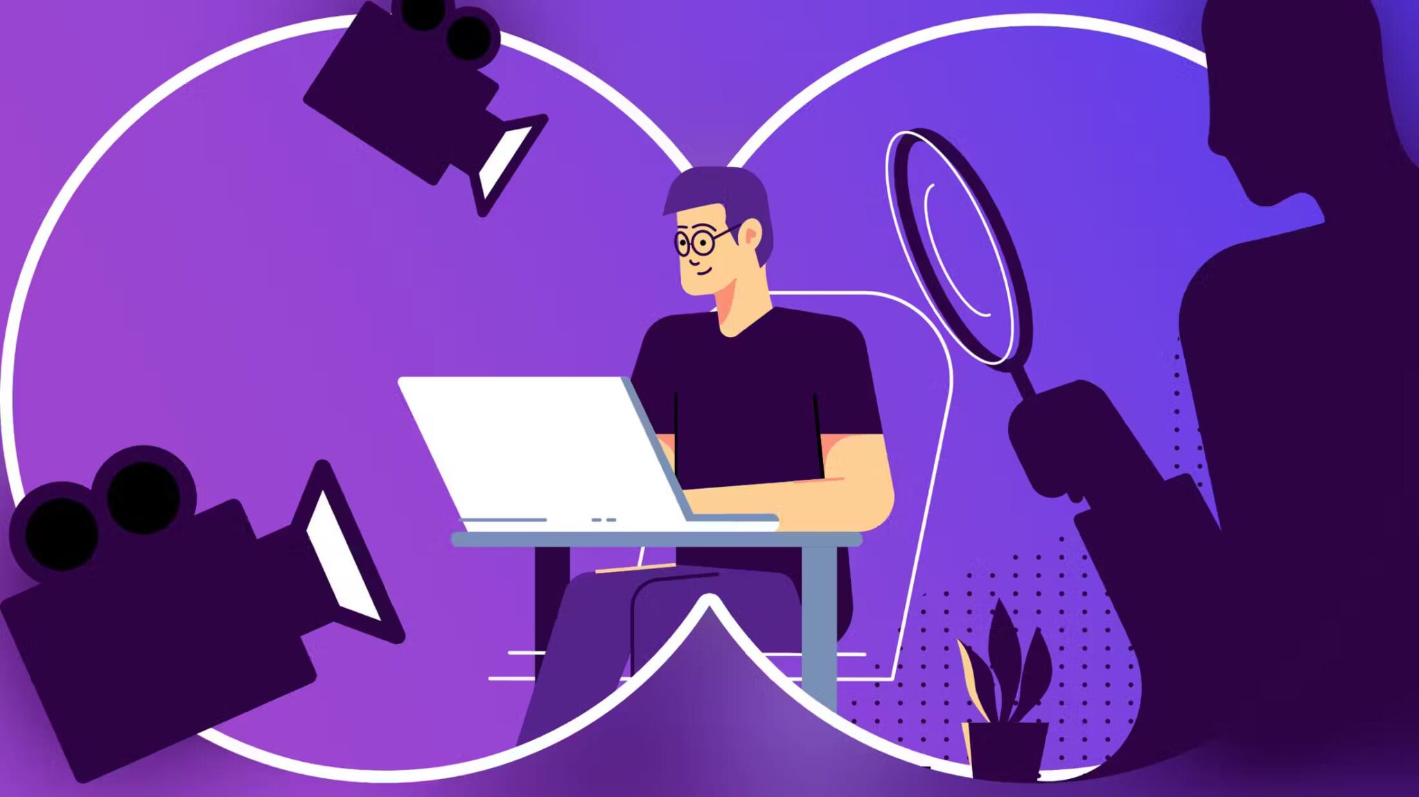 illustration-of-a-person-using-a-laptop-with-someone-watching-them-and-some-cameras-around طرق سهلة لتسجيل الصوت على جهاز Mac دون تكلفة