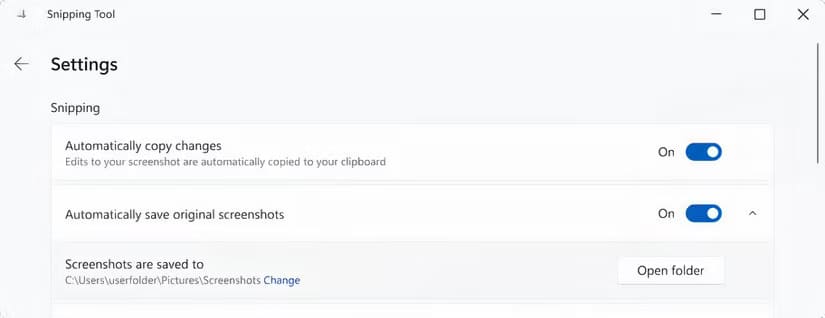 microsoft-windows-snipping-tool-settings-default-folder-screenshots-screen-recordings أداة Snipping في Windows 11 تحصل على تحديث جديد