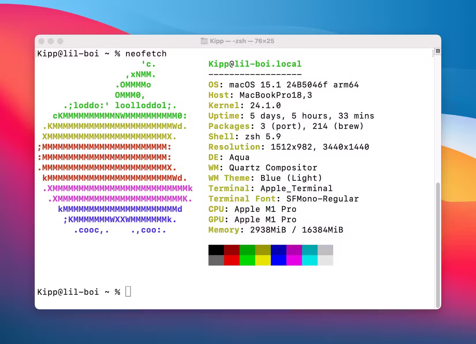 neofetch-in-the-mac-terminal استخدم الألوان مع Terminal في جهاز Mac لإضافة لمسة جمالية وتحسين الوظائف