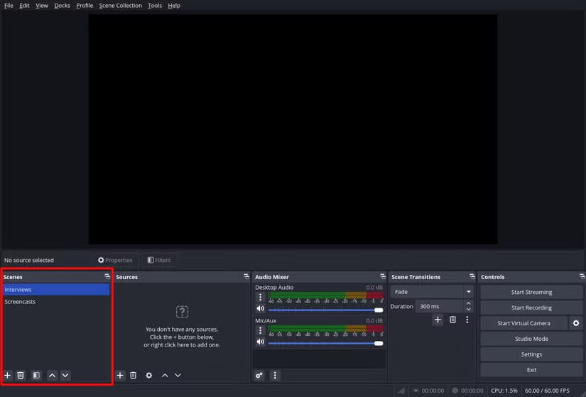 obs-studio-scenes دليل سريع لالتقاط الشاشة في Linux باستخدام OBS Studio بسهولة