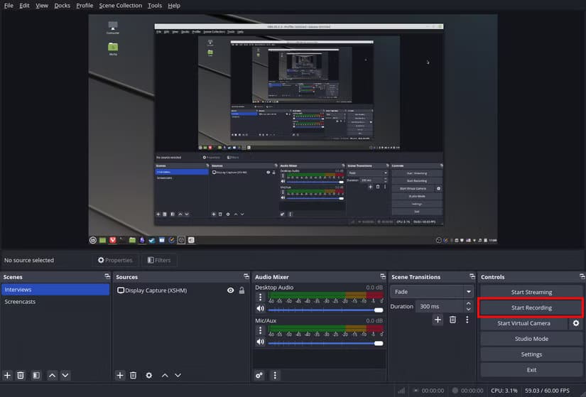 obs-studio-start-recording دليل سريع لالتقاط الشاشة في Linux باستخدام OBS Studio بسهولة