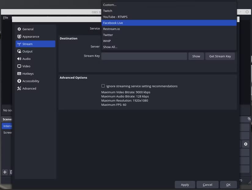 obs-studio-stream-options دليل سريع لالتقاط الشاشة في Linux باستخدام OBS Studio بسهولة