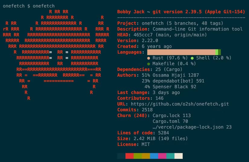 onefetch-onefetch طريقة عرض إحصائيات مشروع Git بشكل جميل في Terminal