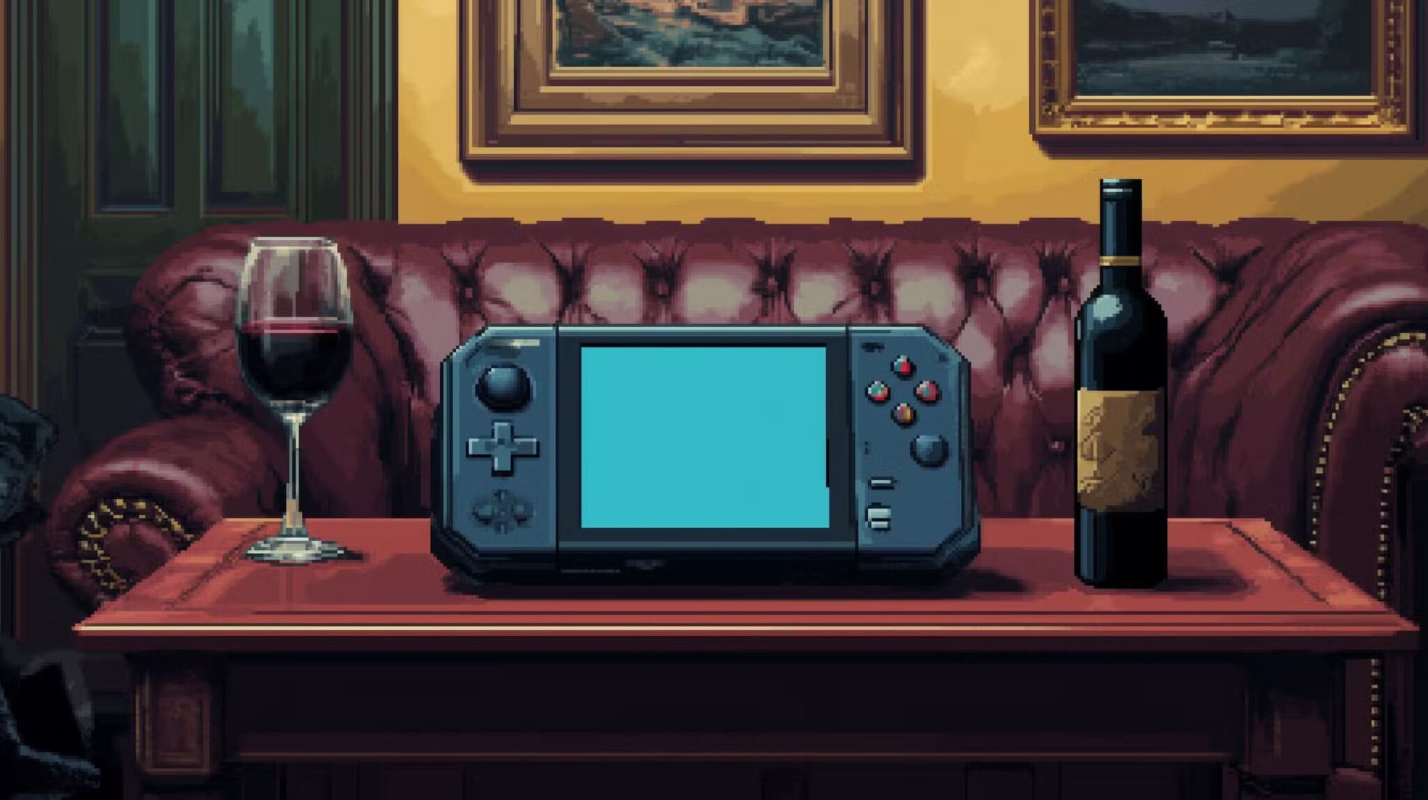 pixel-art-of-a-handheld-gaming-console-on-a-table-next-to-a-bottle-and-glass-of-wine-in-a-classy-study-with-leather-chairs كيف تستمر أجهزة الكمبيوتر المحمولة Windows في تقديم أداء مميز مع مرور الوقت