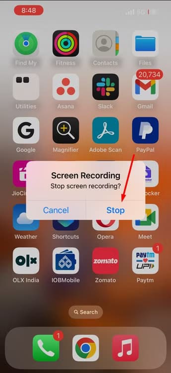 stop-button-to-stop-screen-recording-in-iphone أسهل طرق لتسجيل شاشة أجهزتك على Windows وMac وLinux وAndroid وiPhone