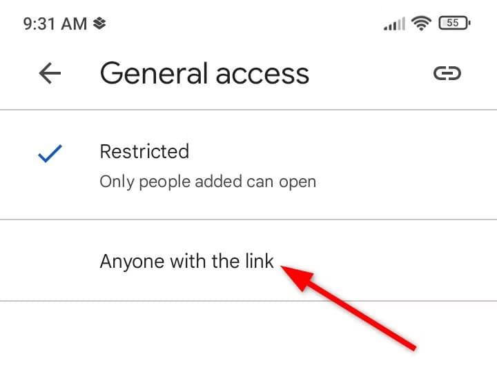switching-general-access-of-drive-docuemnt-to-anyone-with-the-link-option طرق سهلة للتعاون في مستندات Google Drive من هاتفك