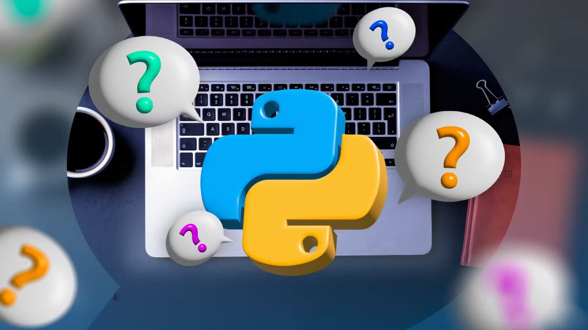 top-down-view-of-a-laptop-with-the-python-logo-above-the-keyboard-and-some-speech-bubbles-with-question-marks-around أكثر خمسة أسئلة شائعة حول Python وإجاباتها المفيدة