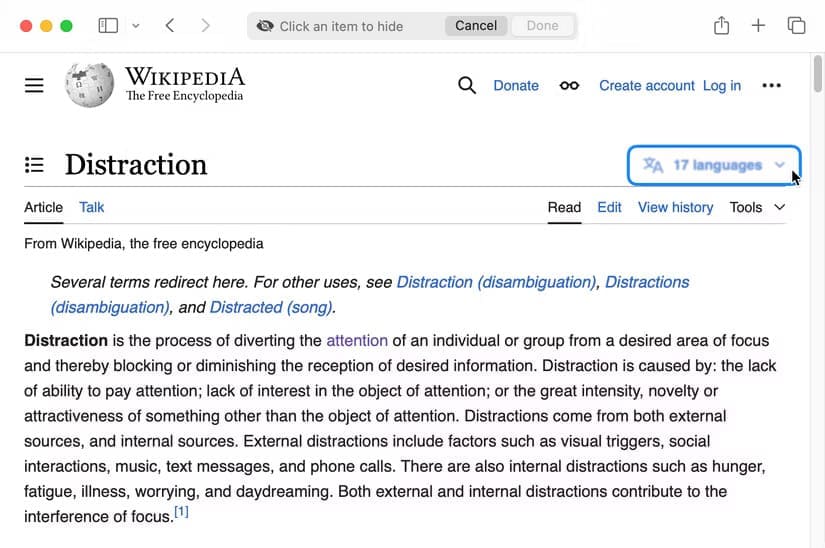 wikipedia-distraction-hover-2 كيفية استخدام ميزة Distraction Control في Safari لتنظيف صفحات الويب المزدحمة على Mac