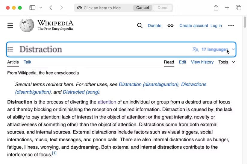 wikipedia-distraction-hover كيفية استخدام ميزة Distraction Control في Safari لتنظيف صفحات الويب المزدحمة على Mac