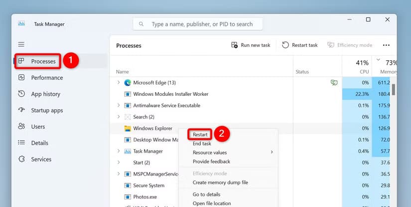 1-restart-file-explorer حلول فعّالة لمشكلات مستكشف الملفات على Windows 11