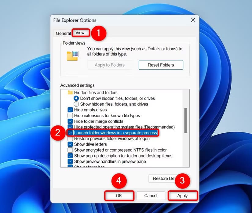3-enable-folder-separate-process-in-file-explorer حلول فعّالة لمشكلات مستكشف الملفات على Windows 11