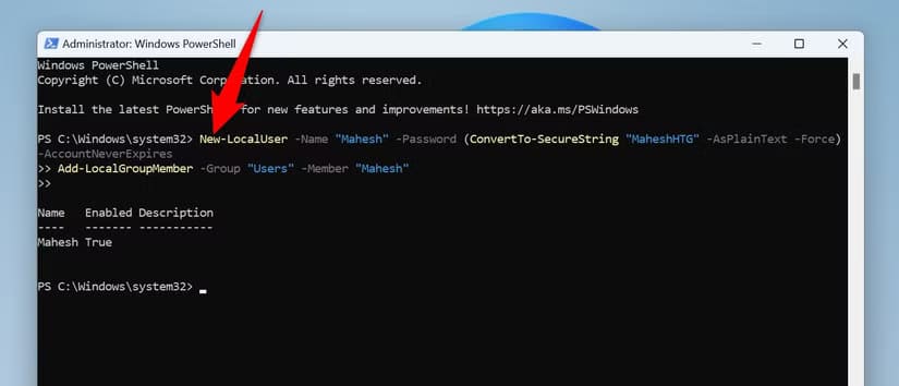 7-powershell-add-account خطوات سهلة لإنشاء حساب مستخدم محلي على Windows 11