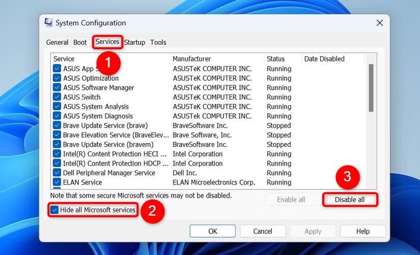 8-disable-all-services حلول فعّالة لمشكلات مستكشف الملفات على Windows 11