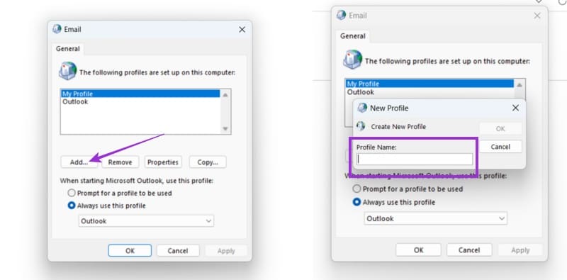 Make-a-New-Outlook-Profile-5 كيفية إصلاح مشكلة توقف Outlook عند تحميل الملف الشخصي بخطوات بسيطة