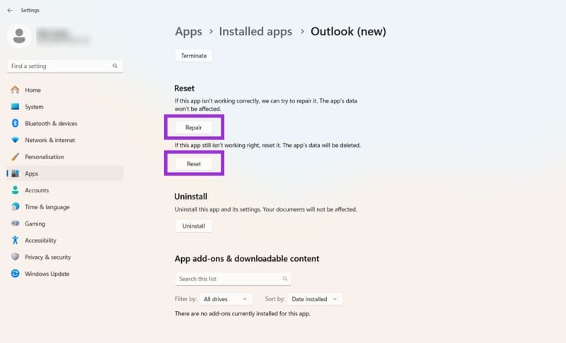 Repair-or-Reset-Outlook-5 كيفية إصلاح مشكلة توقف Outlook عند تحميل الملف الشخصي بخطوات بسيطة