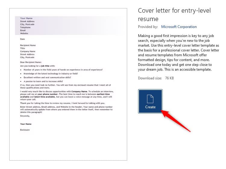 a-cover-letter-template-in-microsoft-word-with-the-create-button-selected خطوات إعداد خطاب تقديمي احترافي في Microsoft Word