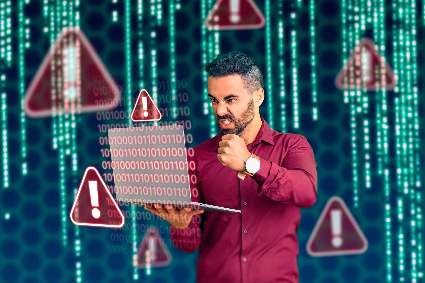 a-man-angrily-holding-a-laptop-with-codes-around-him-and-warning-signs-2 أهم نصائح للمبتدئين في البرمجة لتجنب الأخطاء الشائعة وتسريع التعلم