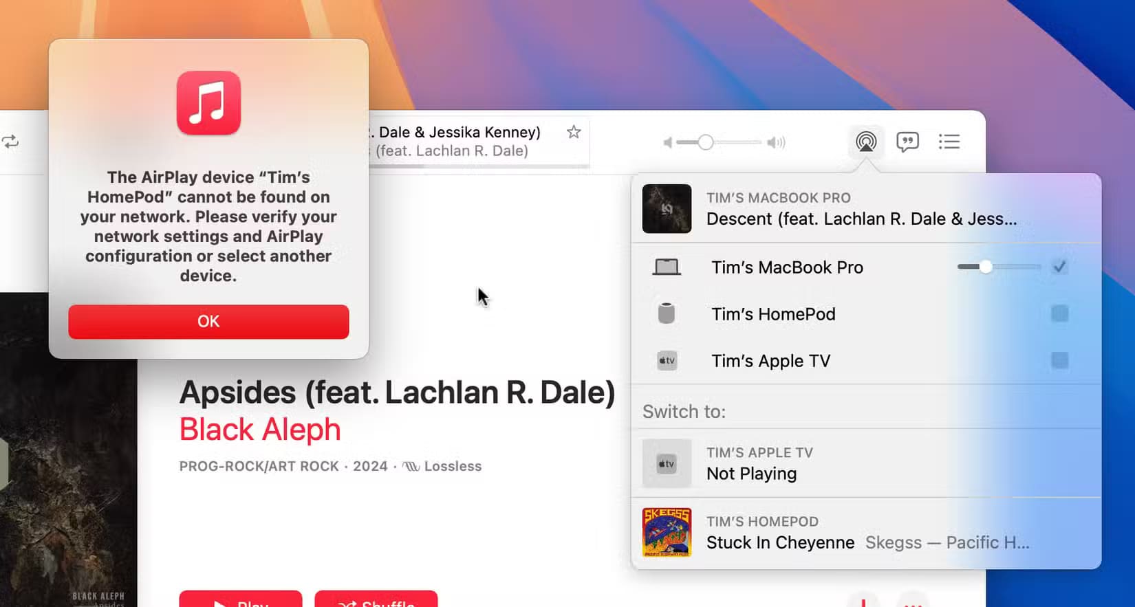 an-airplay-speaker-error-in-apple-music-on-a-mac حل مشكلة توقف مكبر الصوت AirPlay عن تشغيل موسيقى Apple من Mac