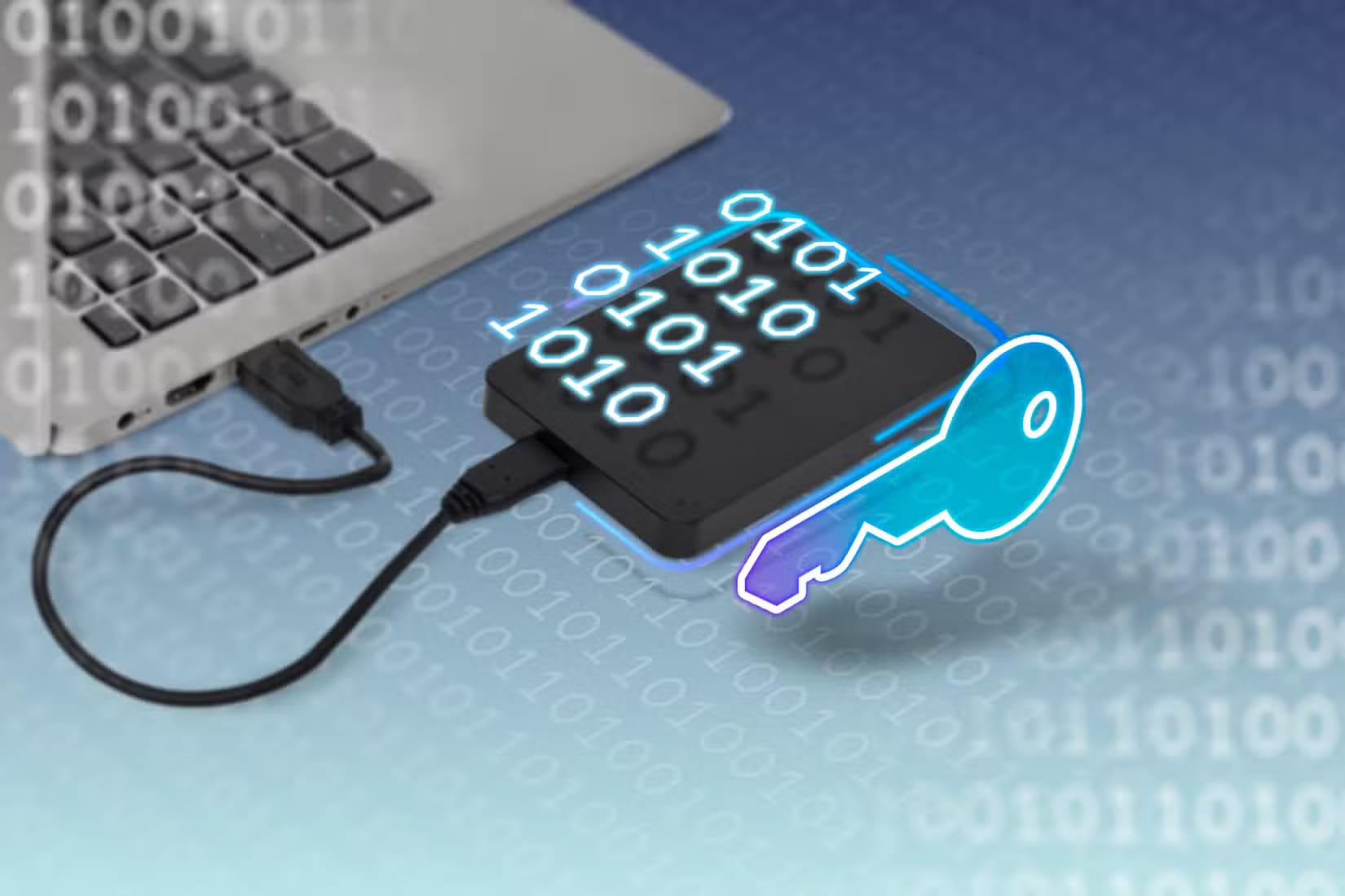 an-external-drive-connected-to-a-laptop-with-a-key-and-binary-code-next-to-it-2 طرق فعّالة لحماية جهاز الكمبيوتر من السرقة وتأمين بياناتك