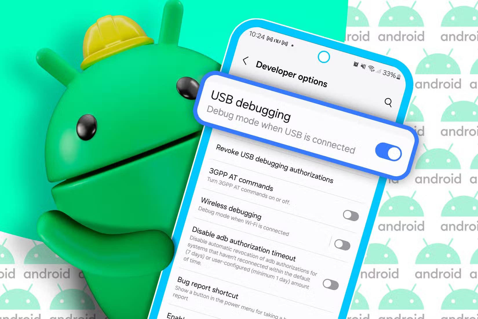 android-mascot-holding-a-phone-with-usb-debugging-enabled كيف تحميك ميزة سلامة Google Play أثناء استخدام التطبيقات