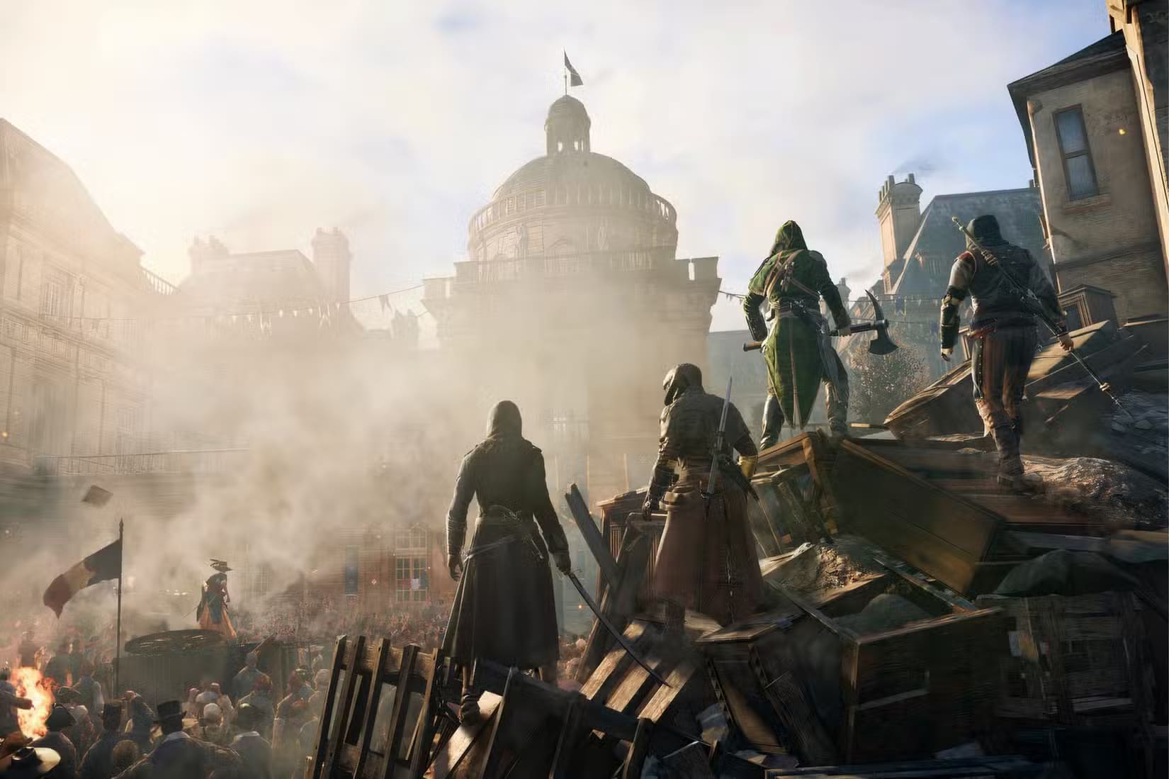 assassins-creed-unity-multiple-assassins-looking-at-a-protesting-crowd-1 10 ألعاب تحولت من سيئة إلى رائعة وتستحق التجربة الآن