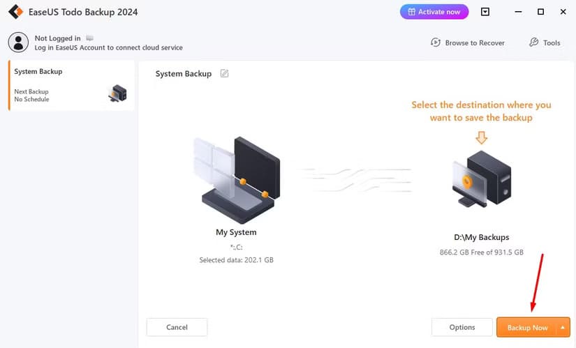 backup-now-option-in-the-easeus-tool طرق فعّالة لنسخ نظام Windows احتياطيًا على وحدة تخزين خارجية بأمان